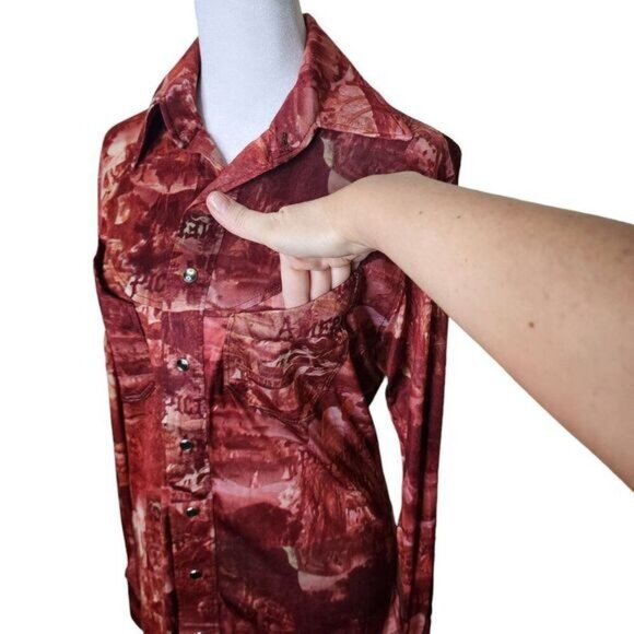 Vintage 70s Long Sleeve Disco Shirt Womens Size M Red Dagger Collar - Picture 2 of 6